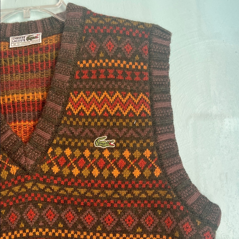 Lacoste Men's V-Neck Sweater Vest - Brown and Orange Pattern - Picture 2 of 7